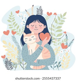 Smiling woman holding a cat with hearts and flowers in the background, vector illustration.