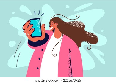 Smiling woman holding cellphone showing screen to camera. Happy girl demonstrate mockup display on smartphone. Vector illustration. 