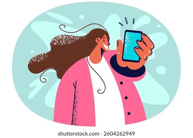 Smiling woman holding cellphone showing screen to camera. Happy girl demonstrate mockup display on smartphone. Vector illustration.