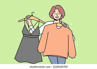 Smiling woman holding clothes on hangers choose what to wear. Happy female shopping for new clothing in mall or store. Vector illustration. 