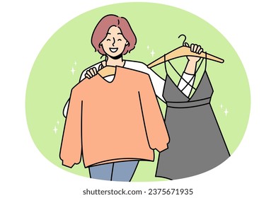 Smiling woman holding clothes on hangers choose what to wear. Happy female shopping for new clothing in mall or store. Vector illustration.