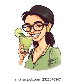 Smiling woman holding cocktail, enjoying fun icon isolated