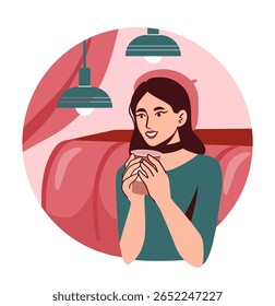 Uma mulher sorridente segurando uma xícara de café enquanto senta em um café acolhedor com luzes de pingente modernas e uma cabine vermelha, estilo plano, sobre fundo branco. Ilustração vetorial