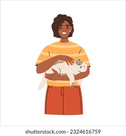 Smiling woman holding cute cat in hands. Kitty sleeping in owners arms. Care and love for home pet. Young girl and feline pet friendly relationship. Flat illustration isolated on white background.