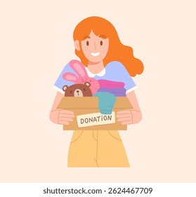 Smiling woman holding a donation box full of clothes and dolls. Character for charity, giving, helping, sharing, donation, or community support. Colorful and friendly flat vector illustration.