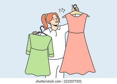 Smiling woman holding dresses on hangers choosing garment in shop or mall. Happy girl with clothes buying new collection in store. Fashion and style. Vector illustration. 