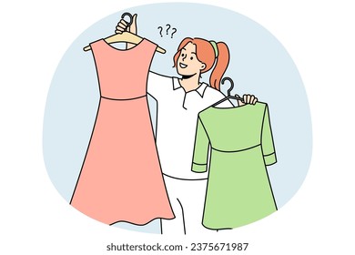 Smiling woman holding dresses on hangers choosing garment in shop or mall. Happy girl with clothes buying new collection in store. Fashion and style. Vector illustration.