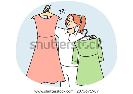 Smiling woman holding dresses on hangers choosing garment in shop or mall. Happy girl with clothes buying new collection in store. Fashion and style. Vector illustration.