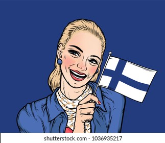 Smiling Woman Holding the Flag of Finland on a Blue Background. Cartoon pretty lady in comic style for the site, tourist brochure, poster, magazines, banners. Vector illustrations. 