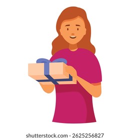 Smiling woman is holding a gift box wrapped with blue ribbon