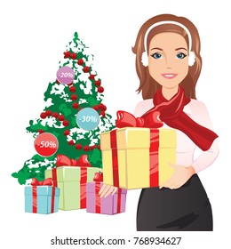 Smiling woman holding a gift in hands on the background of a Christmas tree and boxes / tamplate for sale, flat design, vector illustration