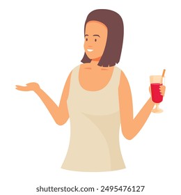 Smiling woman holding a glass of juice and gesturing with hand