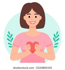 Smiling Woman Holding Heart Shape Symbol of Love