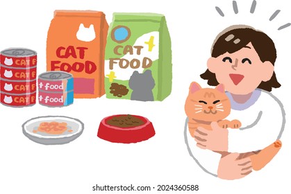 A smiling woman holding her cat and cat food