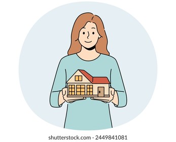 Smiling woman holding house model in hands. Happy female real estate agent with home maquette recommend service to client. Realty and rent. Vector illustration.