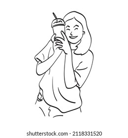 smiling woman holding iced coffee on her hand illustration vector hand drawn isolated on white background line art.
