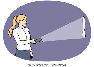 Smiling woman holding lamp lightning keyhole on wall. Happy woman with lantern lighten key hole. Vector illustration.