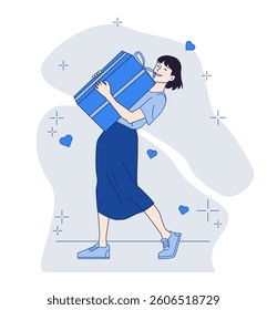 Smiling woman holding a large gift box with hearts and sparkles, minimalist line art style on a light abstract background. Concept of celebration and joy. Vector illustration