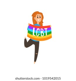 Smiling woman holding large rainbow flag, lgbt pride concept cartoon vector Illustration