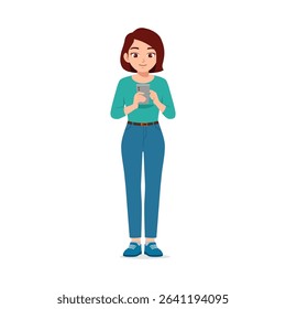 Smiling woman holding and looking at smartphone with happy expression illustration.
