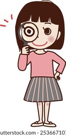 A smiling  woman holding a magnifying glass.