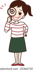 A smiling  woman holding a magnifying glass.
