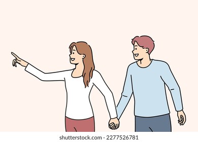 Smiling woman holding man by hand showing something forward. Happy couple holding hands point with finger on empty space aside. Vector illustration. 