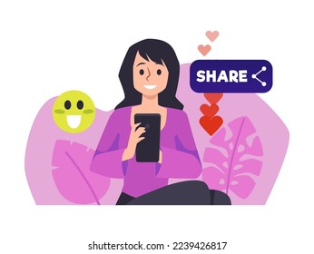 Smiling woman holding mobile phone flat style, vector illustration isolated on white background. Viral content, reactions and feedback symbols, purple leaves