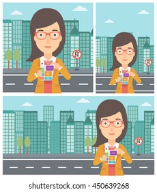 Smiling woman holding modular phone. Young woman with modular phone standing on a city background. Woman using modular phone. Vector flat design illustration. Square, horizontal, vertical layouts.