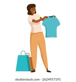 Smiling woman holding new clothes after shopping, enjoying purchases, bags with new clothes