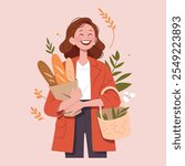 Smiling woman holding paper bag with delicious baguettes. Adult woman shopping for fresh bread. Vector Illustration on a light pink background.