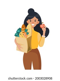 Smiling woman holding paper bag with food products. Sale of food. Girl bought a big bag of food for the holidays. Heathy food. Healthy lifestyle. Vector Illustration in cartoon style.