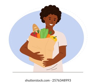 Smiling woman is holding a paper bag full of groceries. The concept of shopping in a supermarket or market. Eco-friendly concept. Vector illustration