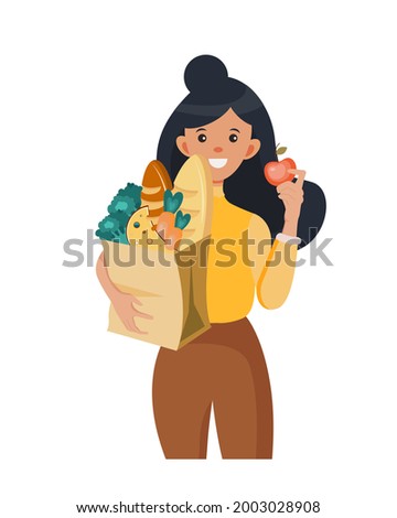 Smiling woman holding paper bag with food products. Sale of food. Girl bought a big bag of food for the holidays. Heathy food. Healthy lifestyle. Vector Illustration in cartoon style.