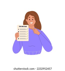 Smiling woman holding paper to do list with done check mark symbol. Happy girl pointing with finger on succesful finished checklist. Color flat vector illustration isolated on white background