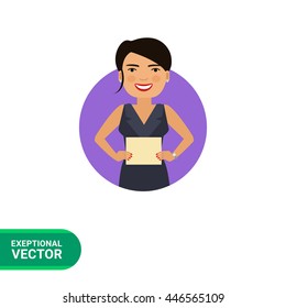 Smiling woman holding paper sheet