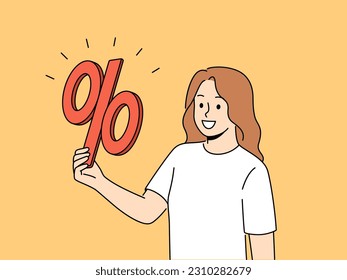 Smiling woman holding percentage sign in hands. Happy businesswoman with percent symbol excited with lease rate or sale discount. Vector illustration. 