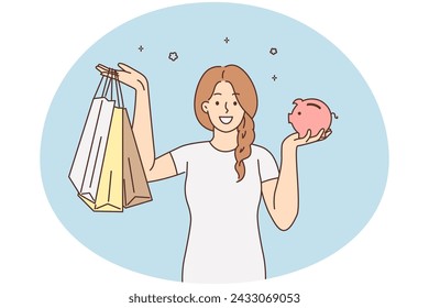 Smiling woman holding piggybank and shopping bags. Happy girl excited with purchase made on savings in piggy bank. Vector illustration.