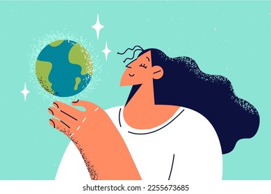 Mujer sonriente sosteniendo el modelo de planeta tierra en manos. Niña feliz con el cuidado del mundo por la conservación de la naturaleza y los problemas ecológicos. Ilustración vectorial. 