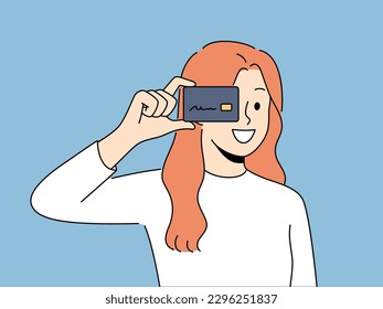 Smiling woman holding plastic credit card in hands. Happy female user with bank card enjoy effortless contactless payment. Vector illustration. 