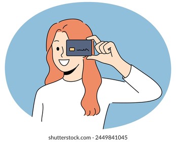Smiling woman holding plastic credit card in hands. Happy female user with bank card enjoy effortless contactless payment. Vector illustration.