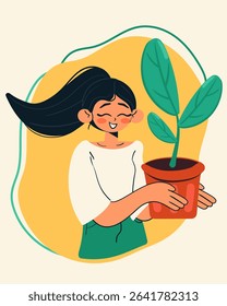Smiling woman holding pot with houseplant. Concept of caring for nature, ecology, and eco friendly lifestyle. Doodle style isolated vector illustration