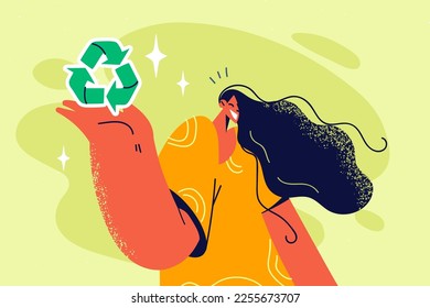 Smiling woman holding recycling logo in hands. Happy female volunteer or activist show care about nature conservation and planet protection. Vector illustration. 