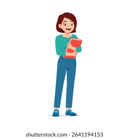Smiling Woman Holding Red Book Standing in Full Shot Isolated on White Background Illustration