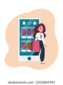 Smiling woman holding shop bags, standing near mobile phone screen, doing online shopping. Big sales and discounts, online shopping concept. Flat vector illustration in blue and pink colors