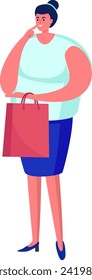 Smiling woman holding shopping bag. Stylish female shopper enjoying retail therapy. Plus size fashion and consumerism vector illustration.