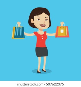 Smiling woman holding shopping bags. Happy caucasian woman carrying shopping bags. Girl standing with a lot of shopping bags. Girl showing her purchases. Vector flat design illustration. Square layout