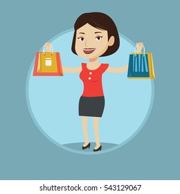 Smiling woman holding shopping bags. Happy caucasian woman carrying shopping bags. Girl standing with a lot of shopping bags. Vector flat design illustration in the circle isolated on background.