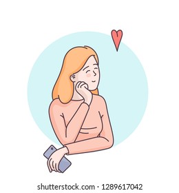 Smiling woman holding smartphone waiting for mobile phone call or message from boyfriend. Girl dreaming of love. Flat style linear vector illustrations isolated on white. Valentine's day card design.