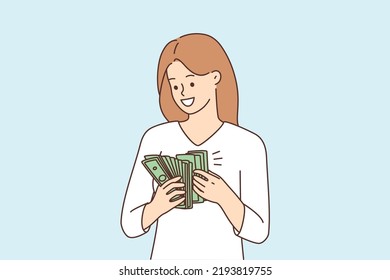 Smiling woman holding stack of money in hands excited with wealth. Happy female with cash overjoyed with lottery win and income. Vector illustration. 